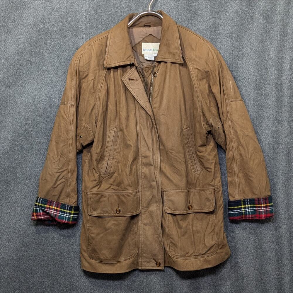 Vtg Boundary Waters Leather Chore Coat Mens Medium Flannel Cuff 90s Jacket